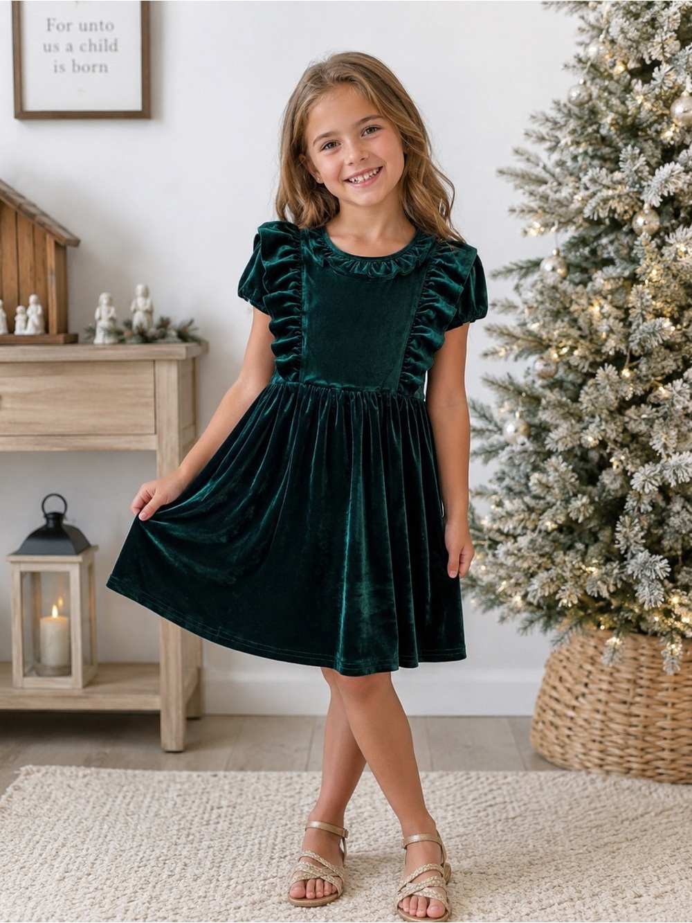 Rylee Faith Girls Emerald Velvet Ruffle Christmas Dress